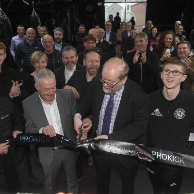 OUR NEW GYM was 1-year old. Ciaran McGuirk, UV, James Braniff, Mabel Scullion, Community Academy, Lauri McCusker - Fermanagh Trust, Billy Murray, John Walsh, Chief Executive, BCC, Gareth Johnston, NI Executive Office,, Jay Snodden, Prokick