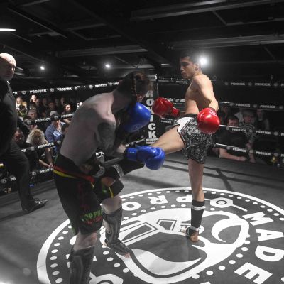 Abbas Khorrami lands a left round kick that ended the fight with with Eoin Maher (TopPro Carlow)