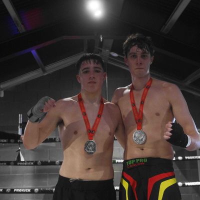 What a beautiful sport, friends after the battle Fionn Heslin (Carlow) with Gary Lynch (Belfast)   The two teens fought under K1-Style Rules over 3x2 Min Rounds at 72.kg