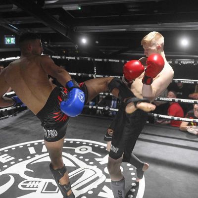 Adam Abdurahman Lands Right round kick in the WKN K1-Style Rules 3x2 Min Rounds 72-74.kg against  James Braniff (ProKick)
