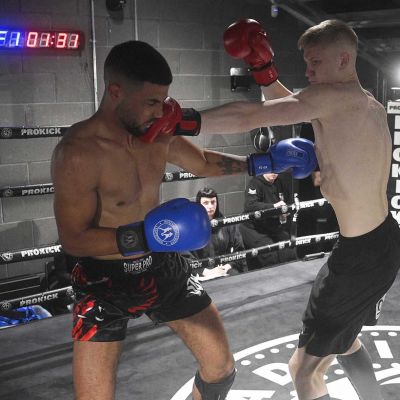 Braniff lands a jab against Adam Abdurahman of (TopPro Carlow) in a WKN K1-Style Rules match over 3x2 Min Rounds at 72-74.kg