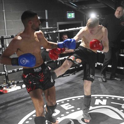 James fires a low-kick against Adam Abdurahman of (TopPro Carlow) in a WKN K1-Style Rules match over 3x2 Min Rounds at 72-74.kg