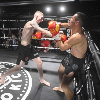 Snoddon piles on the pressure as he Lands a Right Hand his Championship match at the WKN's CFL3 in Belfast with Damiano Vacca.