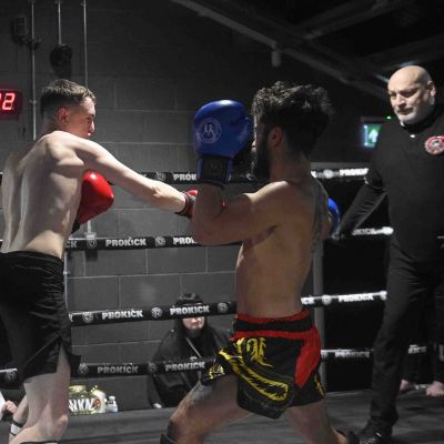 Cahal Walsh fires a right hand at Joatan Costa (TopPro Carlow) for a WKN K1-Style Rules match over 3x2 Min Rounds at 62.kg