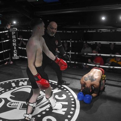 Joatan Costa down but not out (TopPro Carlow) for a WKN K1-Style Rules match over 3x2 Min Rounds at 62.kg with Cahal Walsh