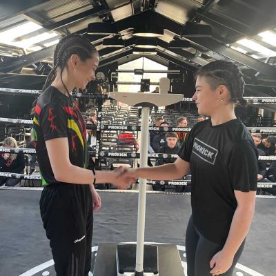 The morning weigh-in - Ollie Hamilton 16yrs (ProKick) VS Kady Shaw 16yrs (TopPro Carlow). WKN Low-Kick Rules 3x2 Min Rounds 58.kg - (Females)
