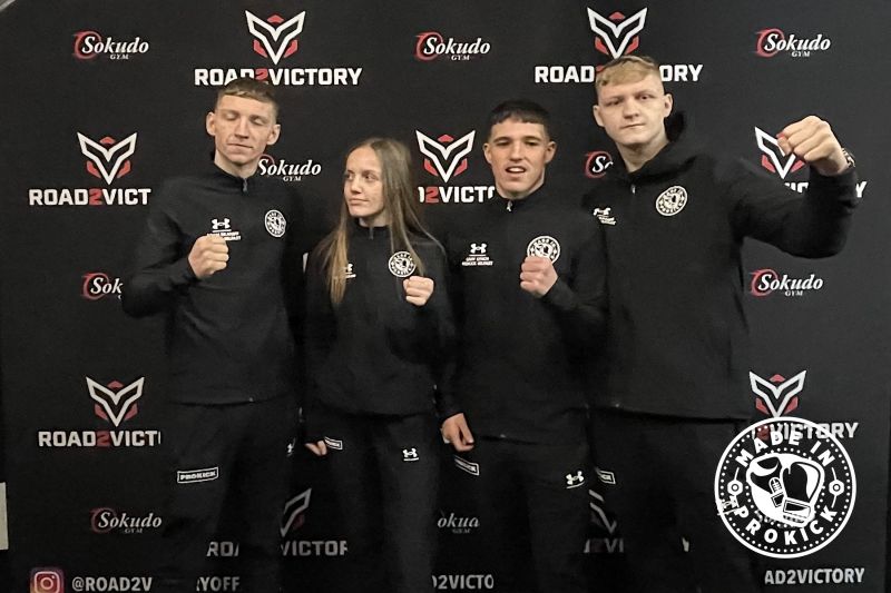At the weigh-ins for tonight's Road2Victory kickboxing event in Volendam. ProKickers, Gary Lynch, Grace Goody, Dan Braniff & James Braniff acting coach, successfully stepped on the scales yesterday for TONIGHTS event in Volendam, Holland.