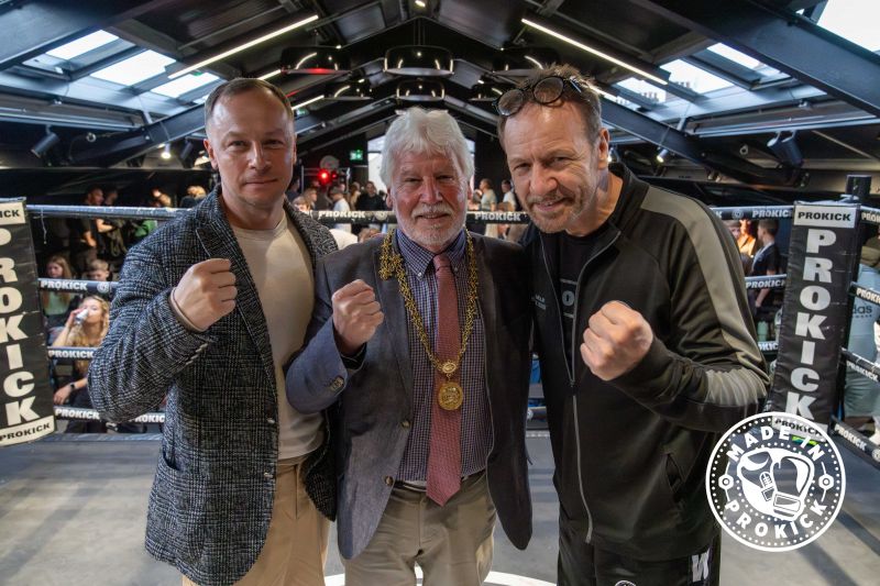 At the ProKick Gym Sunday afternoon 28th April L-R: Mr. Puzdrach. Head of Sports and Physical Culture for Odesa City Council, Mr Sammy Douglas, High Sheriff of Belfast, Billy Murray senior coach and event promoter for ProKick gym.