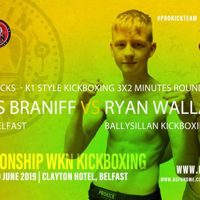 The James Braniff Vs Ryan Wallace match is made at 63kg and will be fought over 3x2min rounds under K1 style rules.