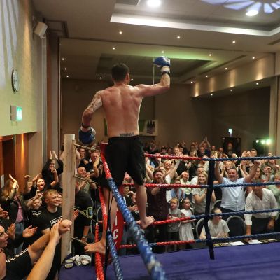 Johnny 'With' Smith Salutes the audience - Action from the WKN title match with Jihoon Lee Vs Johnny 'Swift' Smith at the Clayton hotel Belfast on 23rd, June 2019