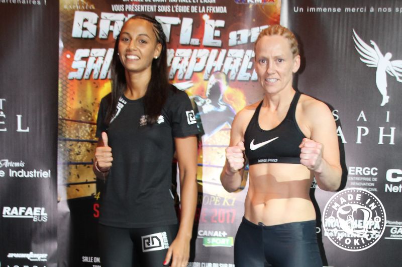 Cathy McAleer came face-face with multi world champ Amel Dehby of France at the weigh-ins