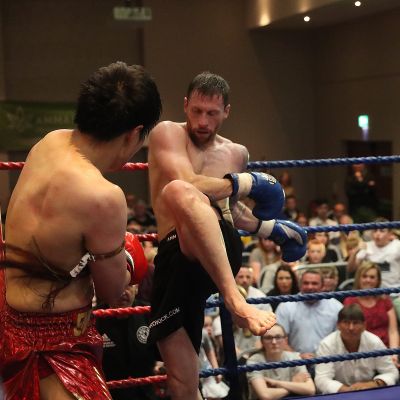 Flying Knee kick - action from the WKN title match with Jihoon Lee Vs Johnny 'Swift' Smith at the Clayton hotel Belfast on 23rd, June 2019