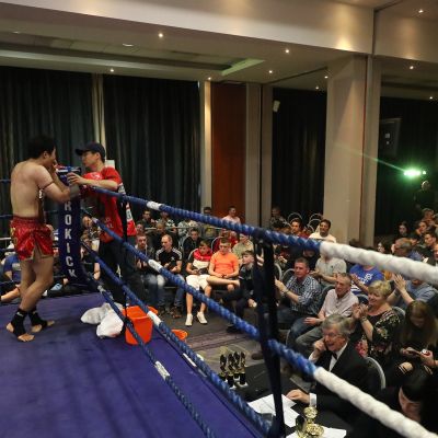 Team Jihoon Lee and Coach - action from the WKN title match with Jihoon Lee Vs Johnny 'Swift' Smith at the Clayton hotel Belfast on 23rd, June 2019