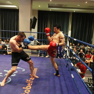 Jihoon Lands front Kick -  action from the WKN title match with Jihoon Lee Vs Johnny 'Swift' Smith at the Clayton hotel Belfast on 23rd, June 2019