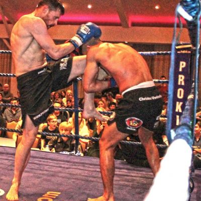 Johnny Swift Smith fire a Knees to  Christos Venizelou (Cyprus) At the Stormont Hotel Saturday 23rd Feb 2019